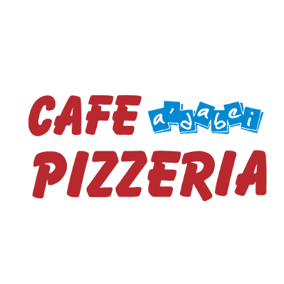 Ein Logo für Cafe Pizzeria, in fetten roten Buchstaben geschrieben, mit einem verspielten blauen Logo aus Buchstaben, die ein Quadrat bilden.