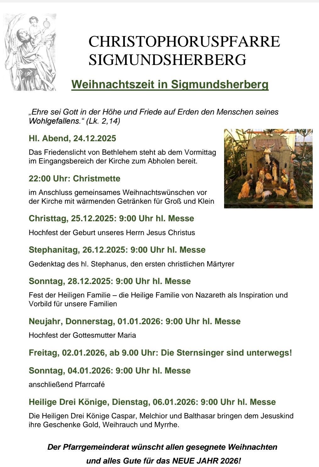 Plakat mit Weihnachtsveranstaltungen in Sigmundsherberg. Es beinhaltet ein Friedensangebot, Weihnachtsmesse und verschiedene andere religiöse Gottesdienste. Das Bild zeigt eine Krippe.