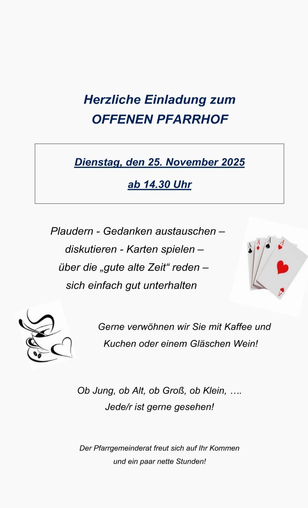 Einladung zur Eröffnung des offenen Pferdestalls am Dienstag, den 25. November 2025, ab 14:30 Uhr. Aktivitäten umfassen Klatschen, Gedankenaustausch, Diskutieren, Kartenspielen und Gespräche über die gute alte Zeit. Erfrischungen mit Kaffee, Kuchen oder Wein werden angeboten. Jeder ist willkommen.