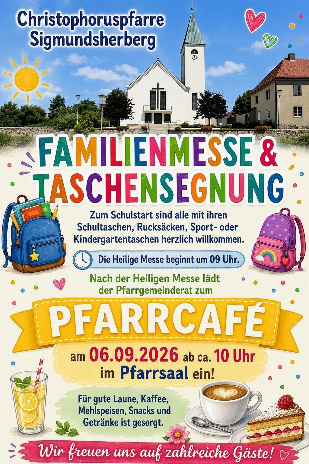 Plakat für eine Familienmesse und Taschensegnungsveranstaltung in einer Kirche am 6. September 2026 um 10 Uhr. Das Plakat zeigt farbenfrohe Illustrationen von Schultaschen, einer Uhr und einer Sonne.