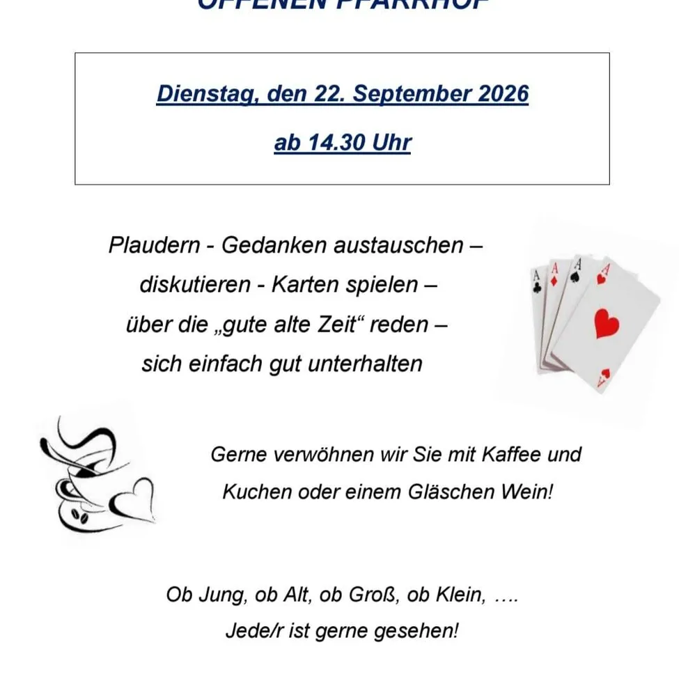 Einladung zu einem offenen Parkevent am Dienstag, den 22. September 2026, ab 14:30 Uhr. Aktivitäten umfassen Plaudern, Ideenaustausch, Kartenspielen und Gespräche über die gute alte Zeit. Erfrischungen wie Kaffee, Kuchen oder Wein werden angeboten. Jeder ist willkommen.