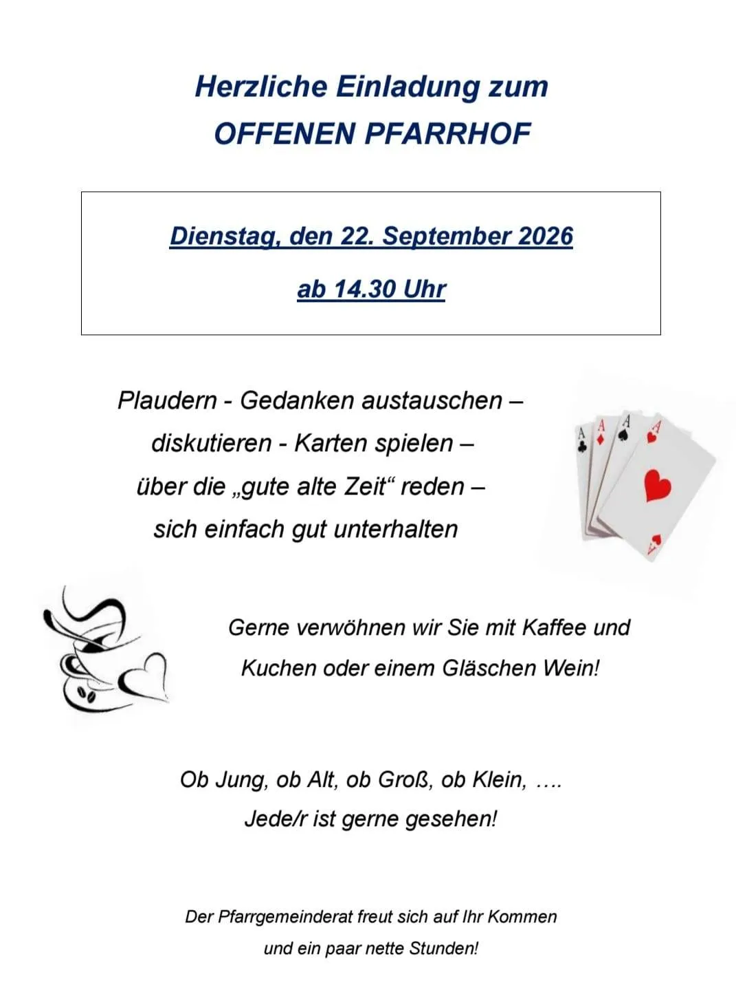 Einladung zu einem offenen Parkevent am Dienstag, den 22. September 2026, ab 14:30 Uhr. Aktivitäten umfassen Plaudern, Ideenaustausch, Kartenspielen und Gespräche über die gute alte Zeit. Erfrischungen wie Kaffee, Kuchen oder Wein werden angeboten. Jeder ist willkommen.
