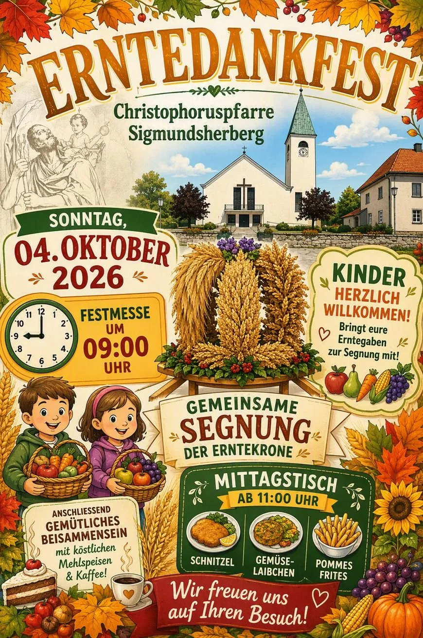 Ein Plakat für das Erntedankfest-Festival in Sigmundsherberg, mit einer Kirche, einer Familie und Herbstblättern. Das Plakat enthält eine Uhr, ein Datum und einen Zeitplan für die Veranstaltung.