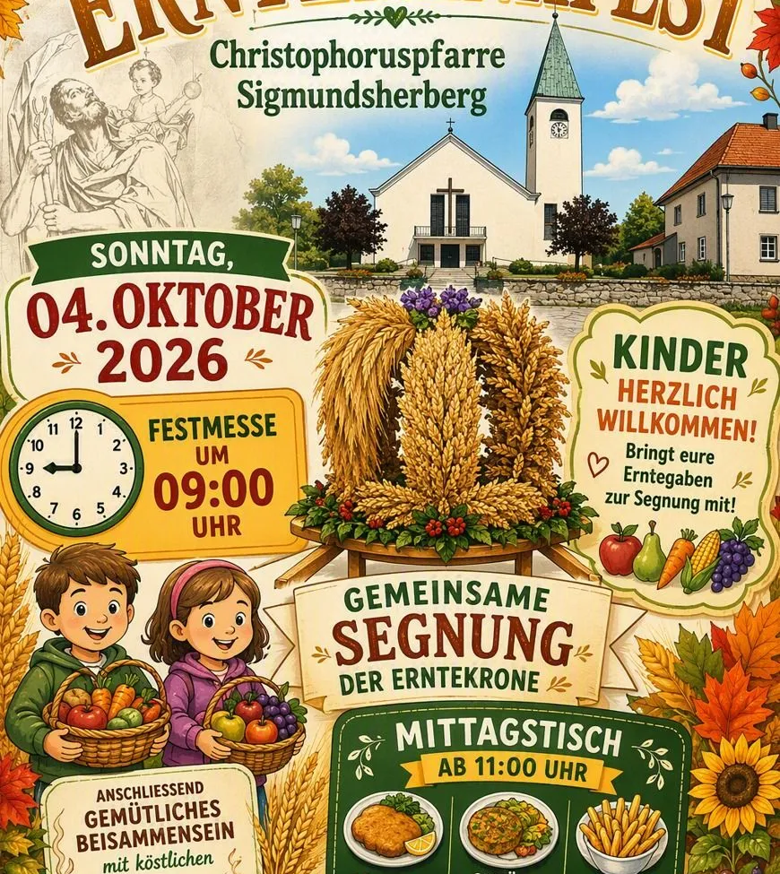 Ein Plakat für das Erntedankfest-Festival in Sigmundsherberg, mit einer Kirche, einer Familie und Herbstblättern. Das Plakat enthält eine Uhr, ein Datum und einen Zeitplan für die Veranstaltung.