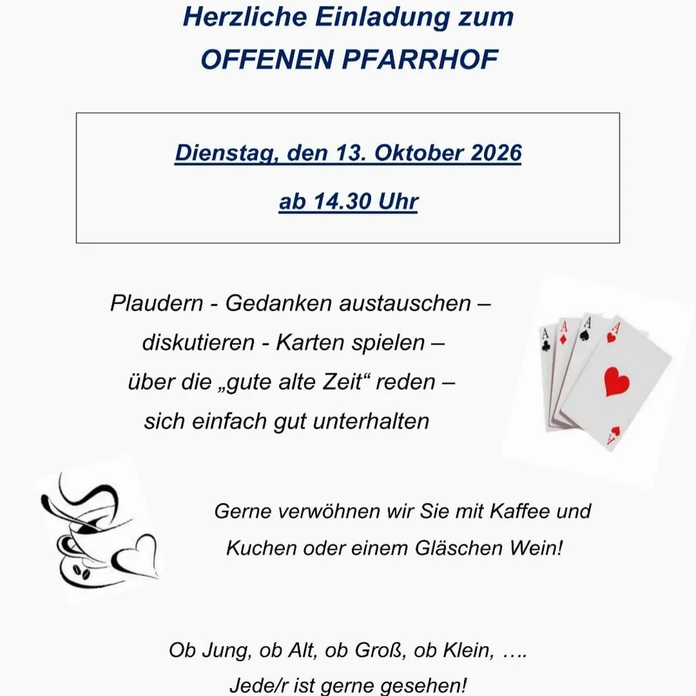 Eine Einladungskarte für eine offene Veranstaltung im Pfarrhof am 13. Oktober 2026, beginnend um 14:30 Uhr. Die Karte zeigt ein Herz und eine Tasse Kaffee, zusammen mit einem Kartenspiel.