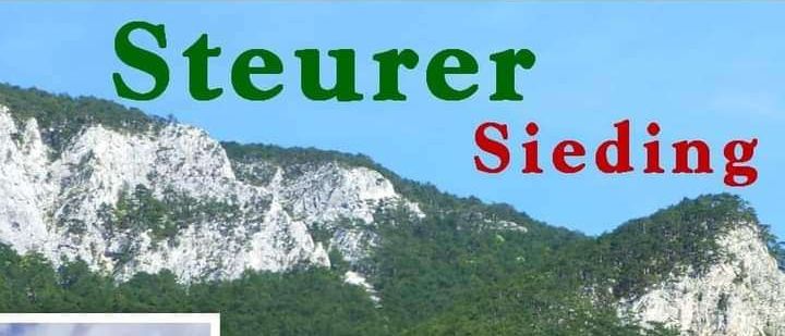 Eine Collage mit einer Berglandschaft, einem Haus, einem Restaurant-Innenraum und einer Collage von Lebensmitteln mit dem Text Steuer Sieding.