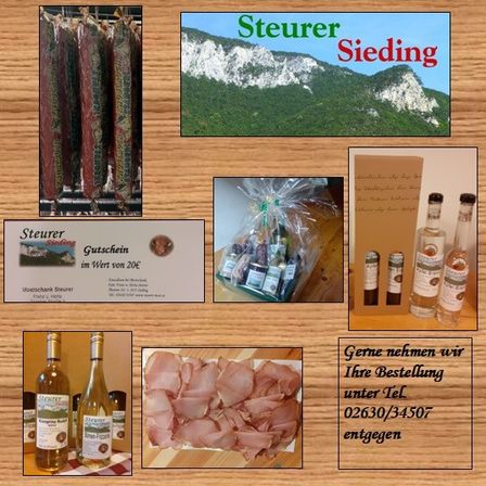 Eine Collage mit verschiedenen Produkten, darunter Wurstwaren, Spirituosenflaschen und einer landschaftlichen Hintergrund. Ein Geschenkgutschein und Kontaktdaten für Bestellungen sind ebenfalls zu sehen.