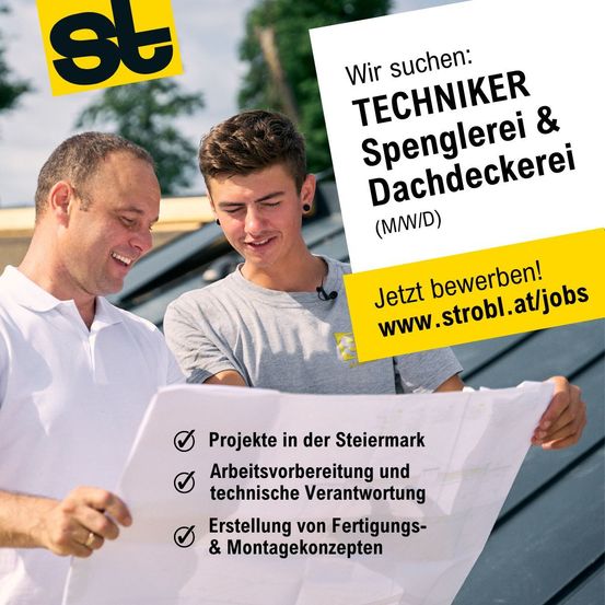 Zwei Männer betrachten eine Stellenanzeige für einen Techniker und Dachdecker. Die Anzeige enthält eine Website für Bewerbungen.