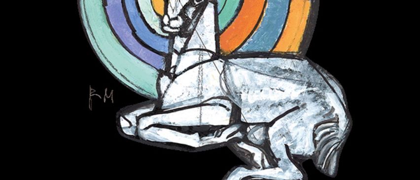 A poster for Eidgenoessisches Schutzenfest 2026, featuring a stylized goat on a black background with multicolored circles. The goat is sitting with its head tilted and horns pointed upwards. The poster has a bold white text overlay.