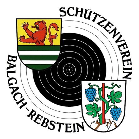 Das Logo des Balgach-Rebstein Schützenvereins zeigt einen roten Löwen, Trauben und ein Ziel mit konzentrischen Kreisen. Der Löwe und die Trauben sind auf einem Schild abgebildet. Der Text ist in Deutsch.