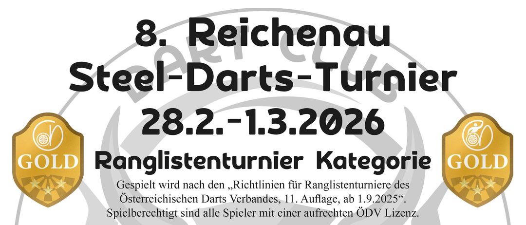 Datum: 28.2.-13.2.2026. Ort: Schloss Reichenau. Zeiten: Samstag U14/U18 10:00, U23 10:00, U55 10:00, Herren Doppel 14:00, Damen Doppel 14:00, Mixed Doppel ca. 19:00. Veranstalter: DC Bully Bullchecker. Eintrittsgebühr: Doppel €30, Einzel €20, Mixed €16, U14/U18 frei. Kontakt: kunst-und-kultur@schloss-reichenau-an-der-rax.at. Regeln: Richtlinien des Österreichischen Darts Verbandes. Fotorichtlinie: Für Pressezwecke aufgenommene Fotos dürfen veröffentlicht werden.