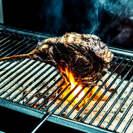 Ein Stück Fleisch, möglicherweise ein Lammkarree, wird auf einem Grill gegrillt. Das Fleisch steht in Flammen und hat eine goldbraune Farbe. Es gibt kleine Steine und Kohlen auf dem Grill. Der Rauch kommt von der Kohle.