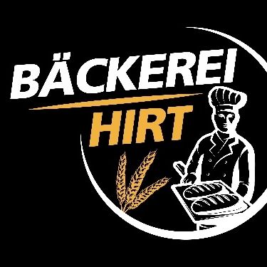 Auf schwarzem Hintergrund ist das Logo von 'BÄCKEREI HIRT' zu sehen. Ein Koch hält eine Brotschüssel mit Weizenähren auf der linken Seite.