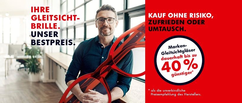 Ein Mann mit Brille steht vor einem Fenster und hält ein Paar rote Brillen. Der Text lautet 'Ihre passende Brille. Unser bester Preis.' Eine Werbung für Brillen mit Einsparungen von bis zu 40% und risikofreiem Kauf.