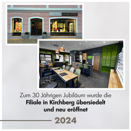 Das Bild zeigt zwei Ansichten: ein Geschäft von Horen Sehen und das Innere eines Geschäfts. Das Geschäftsinnere zeigt einen Tisch, Stühle, eine Theke und grüne Wände. Der Text lautet: Zum 30. Jubiläum wurde die Filiale in Kirchberg übersiedelt und neu eröffnet. 2024.