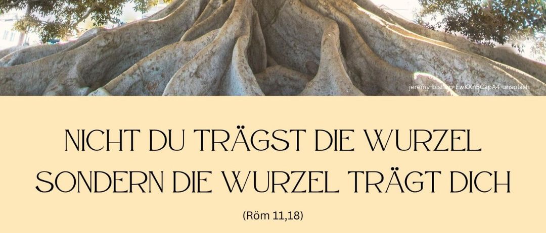 Poster with a tree image, German text reads 'Not you bear the root, but the root bears you (Rom 11,18)'. Invitation to a reconciliation celebration on December 14 at 19:00 in Pfarrkirche Laterns-Thal.
