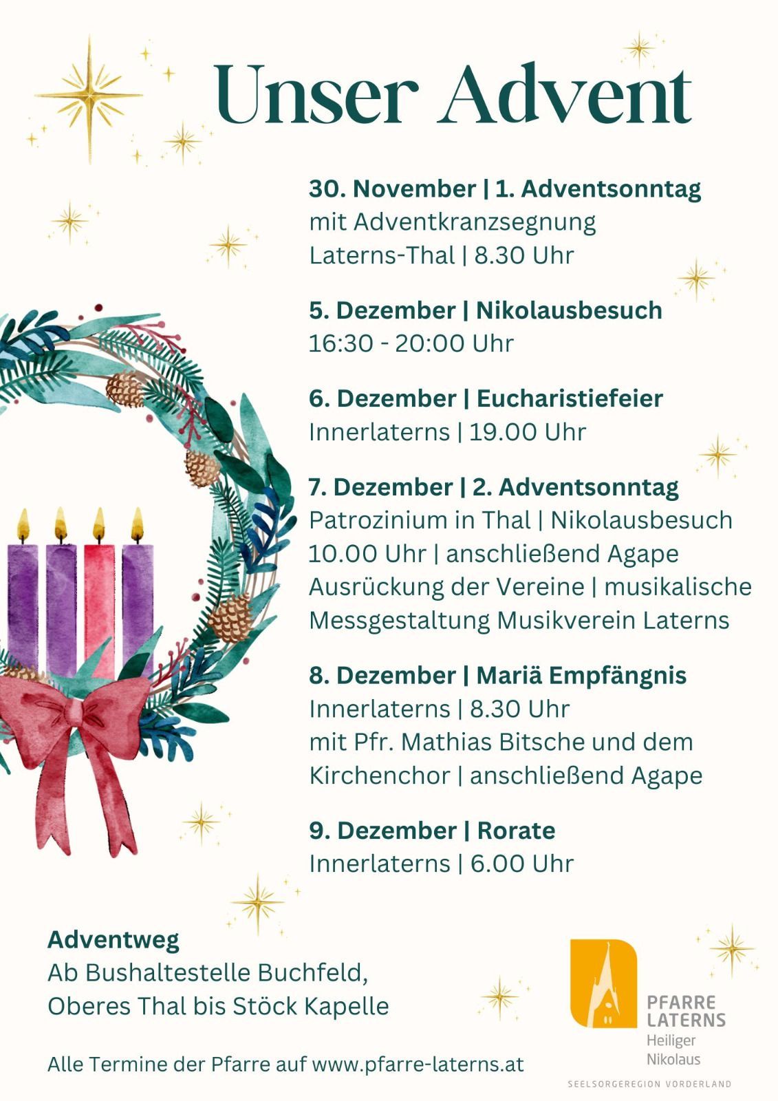 Ein Bild eines Weihnachtsprogramms mit einer Adventskrone, Kerzen und Sternen. Es listet Veranstaltungen vom 30. November bis 9. Dezember auf, darunter Adventssonntag, Nikolausbesuch, Eucharistfeier und Maria Empfängnis.