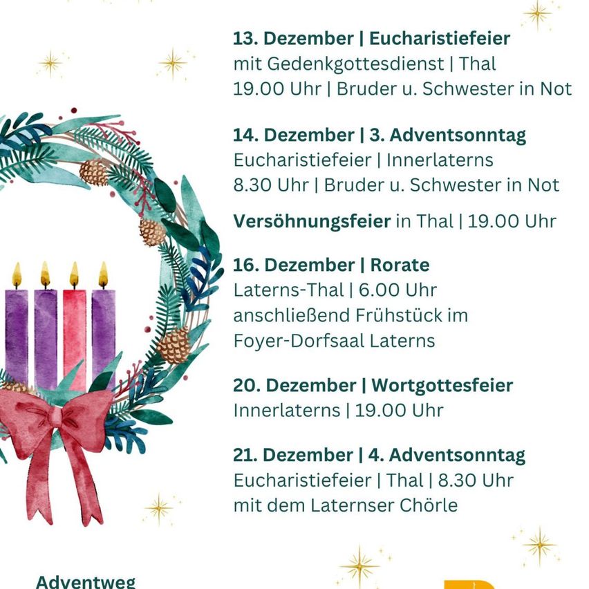 A poster with a wreath of candles and greenery. It lists various Advent events, including Eucharist celebrations, a wreath procession, and prayer services. Each event specifies the date, time, and location.