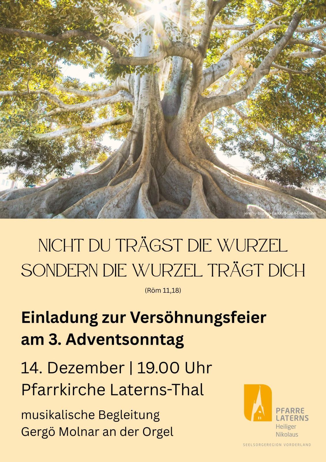 A poster with a tree image, a quote from Romans 11:18, and an invitation to a reconciliation festival on December 14th at 7:00 PM.