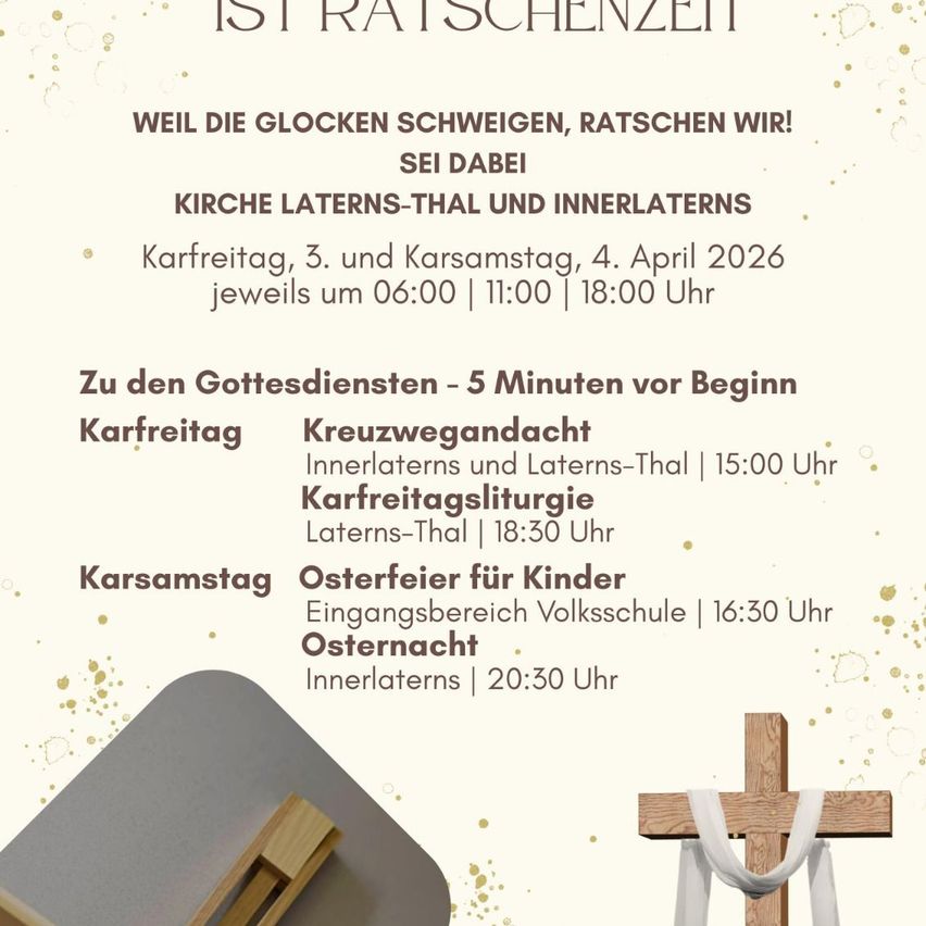 Poster for church services on Good Friday and Holy Saturday, April 3 and 4, 2026, at 6:00, 11:00, and 18:00. Good Friday includes a cross procession and a service at 15:00, and Holy Saturday includes an Easter service at 18:30. Easter night is at 20:30.