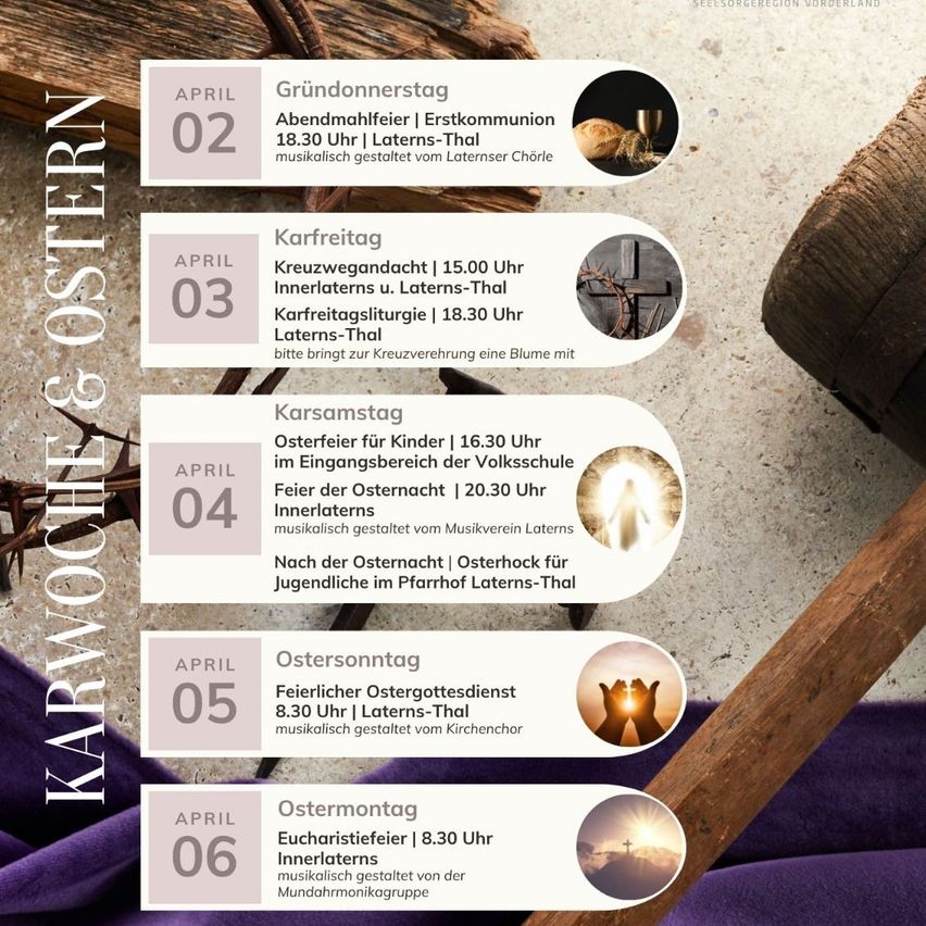 Easter Week schedule for April 2-6. Good Friday, April 2, includes evening mass at 6:30 PM. April 3, Holy Saturday, features a cross procession at 6:30 PM. April 4, Easter Sunday, includes a children's Easter service at 4:30 PM. Easter Monday, April 5, has a festive Easter service at 8:30 AM. Easter Tuesday, April 6, has an Eucharist celebration at 8:30 AM.