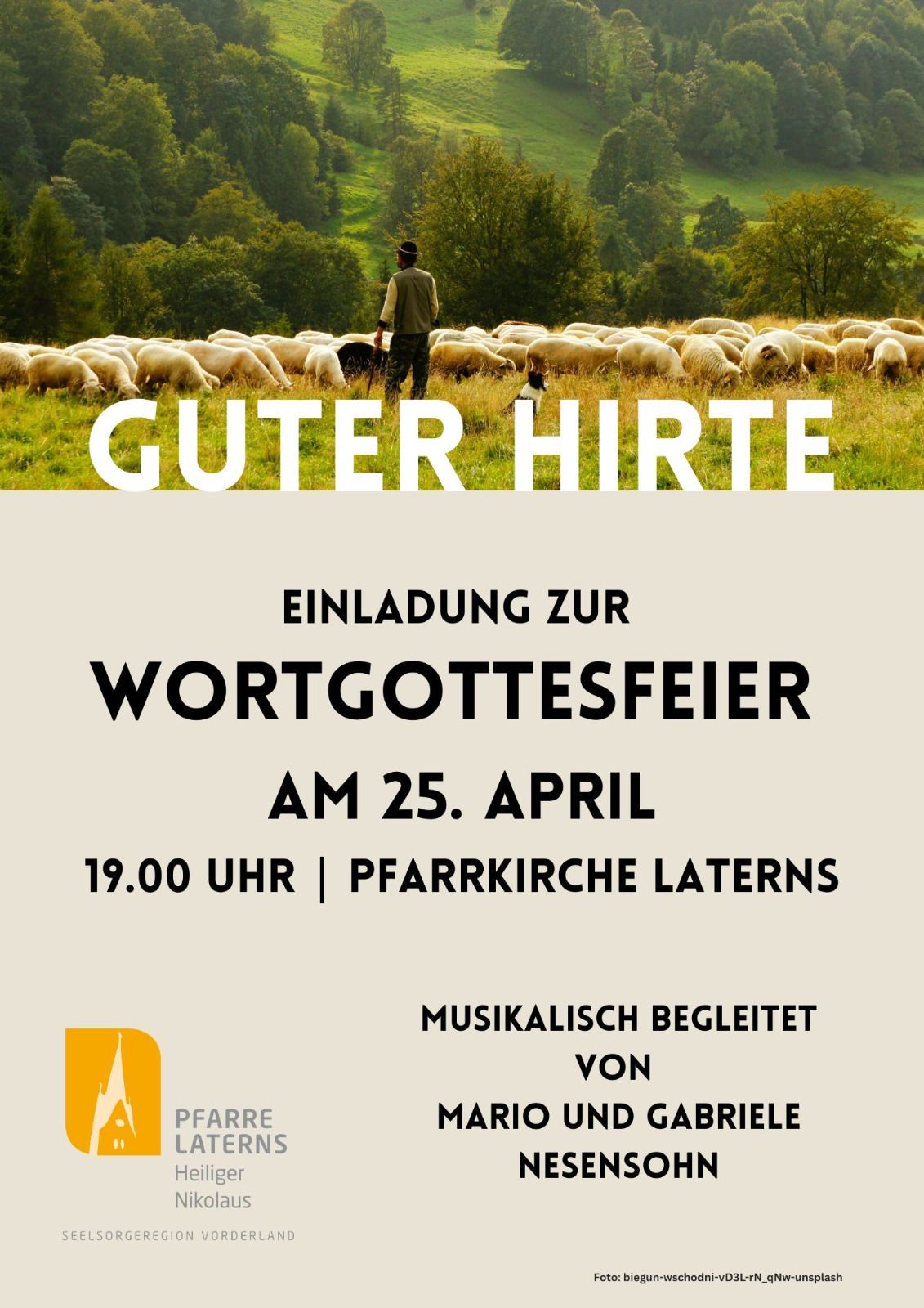 Ein Plakat für den Wortgottesdienst des Guten Hirten am 25. April um 19:00 Uhr in der Farrkirche Laterns mit einem Hirten, Schafen und einem Hund.