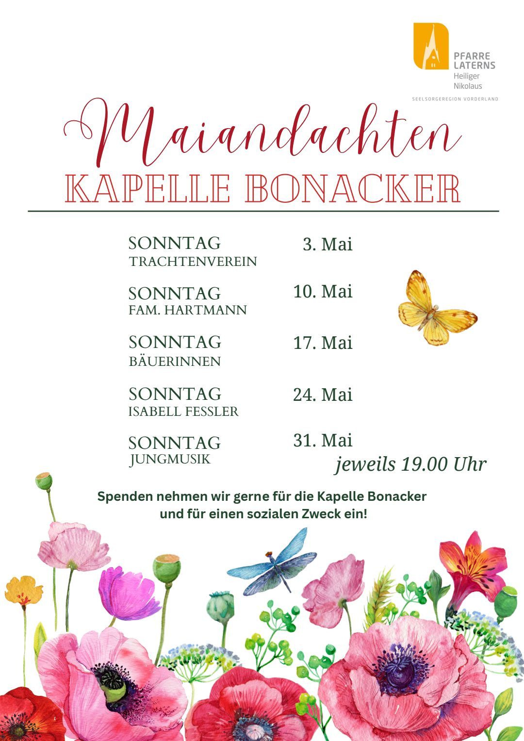 Plakat mit Terminen für Sonntagsgottesdienste in der Kapelle Bonacker. Termine sind 3., 10., 17., 24. und 31. Mai um 19 Uhr. Blumendekorationen und ein Schmetterling schmücken das Plakat.