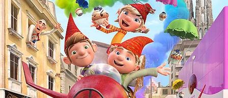 Filmplakat für 'Die Heinzels' zeigt animierte Charaktere, die über eine Stadt mit bunten Gebäuden fliegen und abspringen. Charaktere in Hüten und Kostümen scheinen in fröhlicher Stimmung zu sein.