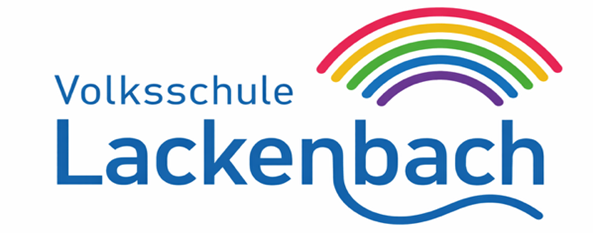 Das Logo der Volksschule Lackenbach zeigt einen Regenbogen mit einer Wellenlinie in blauer Schrift und dem Wort Lackenbach darunter.