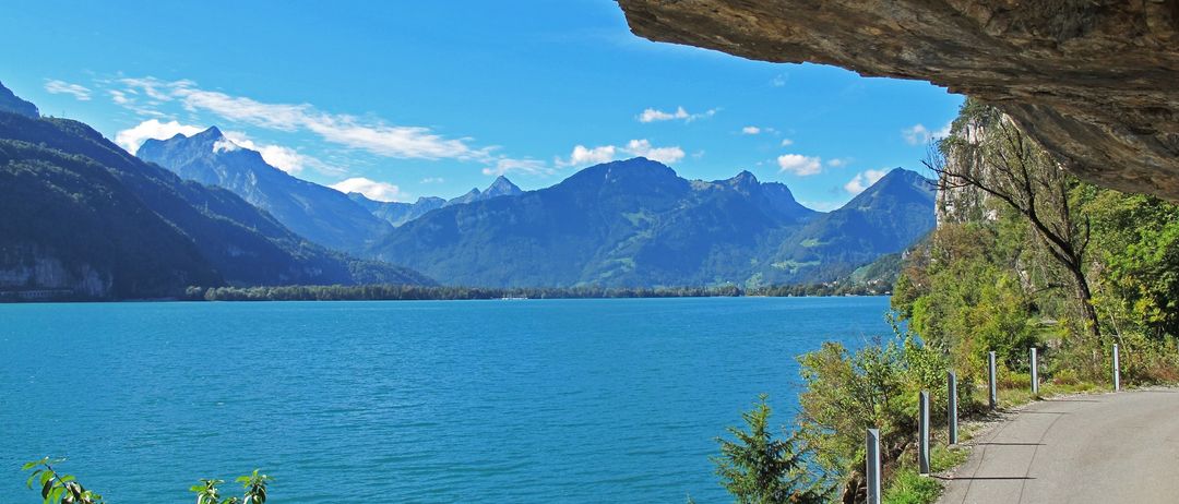 Ein ruhiger See umgeben von üppigem Grün und hohen Bergen unter einem klaren blauen Himmel.