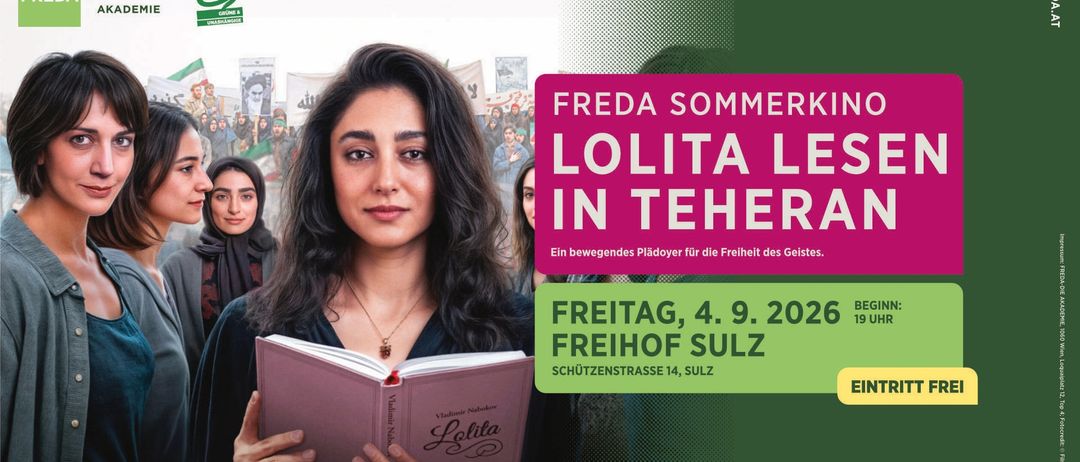 A woman holding a book titled Lolita by Vladimir Nabokov, standing in front of a blurred background with people holding signs. The poster reads Freda Sommerkid Lolita Les in Teheran and a date of Friday, September 4, 2026.