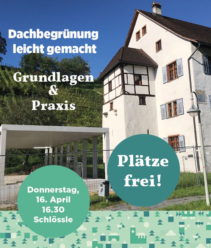 Poster for green roofing workshop. Features a traditional house, green circle, and event details. Date: Thursday, April 16, 16:30 at Schlossle. Trees and landscape in the background.