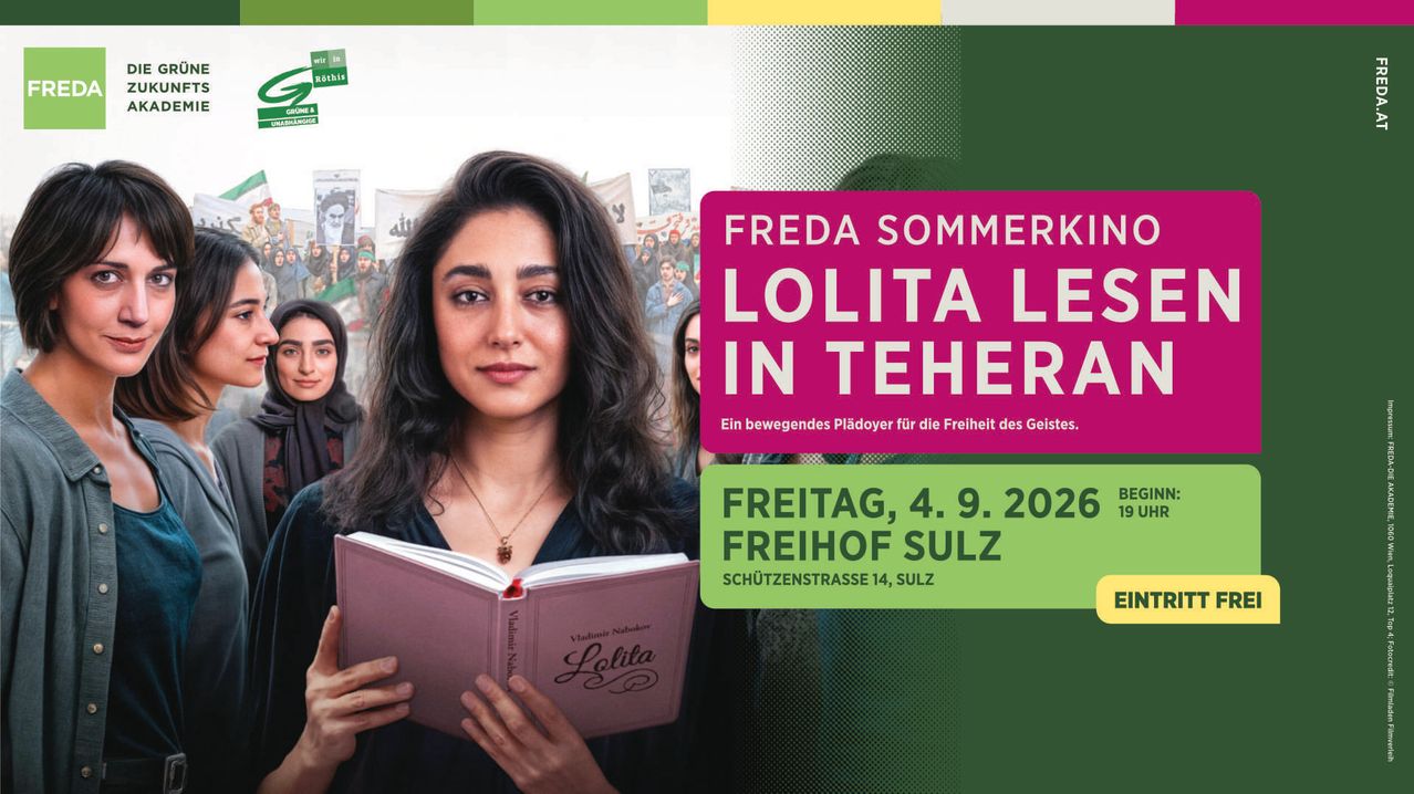 A woman holds a book titled Lolita in front of a crowd of people, some holding signs. The poster reads Freda Sommerkid Lolita Les in Teheran.