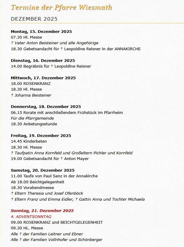 Der Zeitplan für Dezember 2025 umfasst verschiedene religiöse Veranstaltungen wie Messen, einen Trauergottesdienst, eine Taufe und einen Gebetsgottesdienst, mit spezifischen Zeiten und Namen der beteiligten Personen.