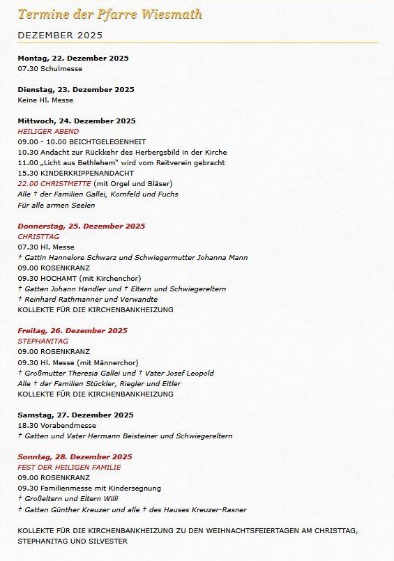 Dies ist ein Kalender für Dezember 2025, der verschiedene religiöse Veranstaltungen und Messen detailliert beschreibt. Es enthält Daten, Uhrzeiten und spezifische Ereignisse wie 'Weihnachtsfeiertagen am Christtag.' Es gibt auch Anmerkungen zu Familienmitgliedern, die an den Messen teilnehmen.