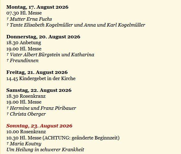 Ein Zeitplan für religiöse Dienste und Veranstaltungen vom 17. bis 23. August 2026, einschließlich Messen, Gebete und bestimmte Personen, die in Erinnerung gebracht werden sollen.