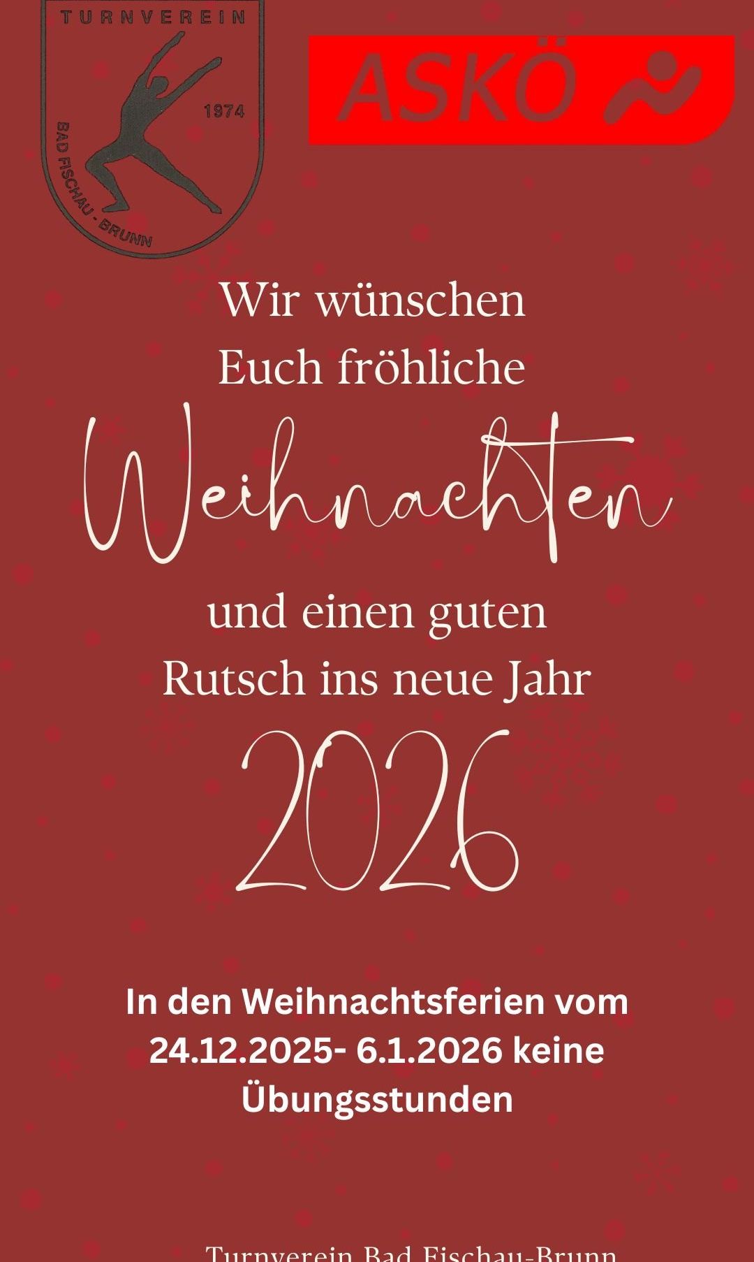 Ein roter festlicher Grußkarte wünscht allen eine frohe Weihnachten und einen guten Start in das neue Jahr 2026 während der Weihnachtsferien. Das Jahr 2026 ist in weißer Kalligrafie hervorgehoben.