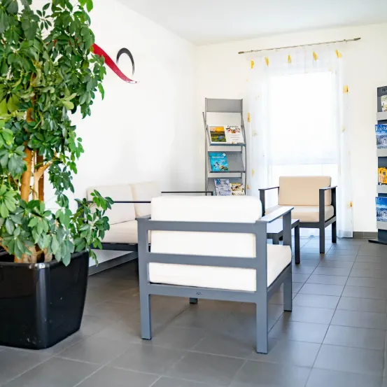 Ein Innenbereich mit einer weißen Couch, einem grauen Stuhl und einer Pflanze in einem schwarzen Topf. Ein Bücherregal mit Büchern steht in der Nähe des Fensters.