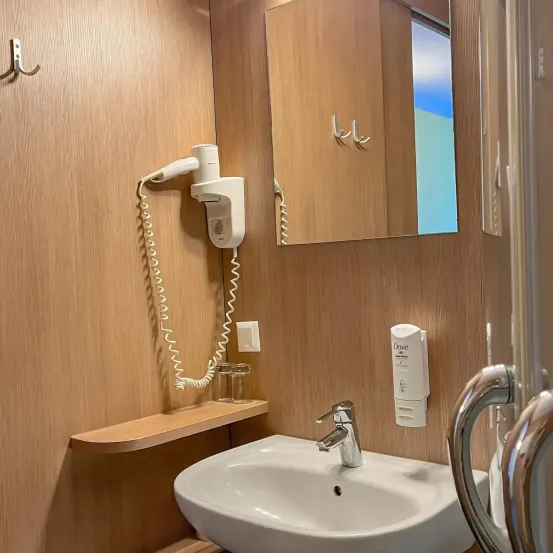 Ein kleines Badezimmer mit einem weißen Waschbecken, einem Spiegel und einer Holzwand. Ein Haartrockner ist an der Wand über dem Waschbecken montiert.