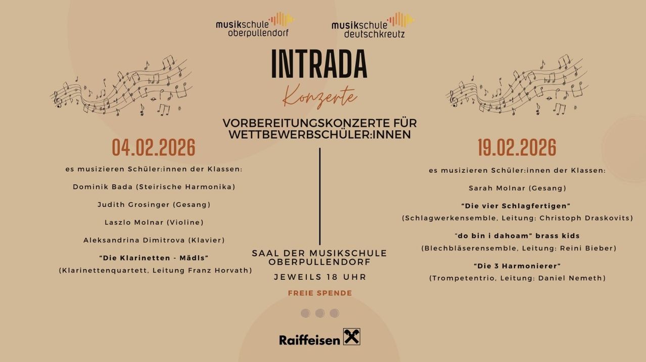Poster for a concert at Musikschule Oberpullendorf. It features a schedule for February 2, 2026, at 18:00. Various musical groups and their compositions are listed. Free admission. Raiffeisen is the sponsor.