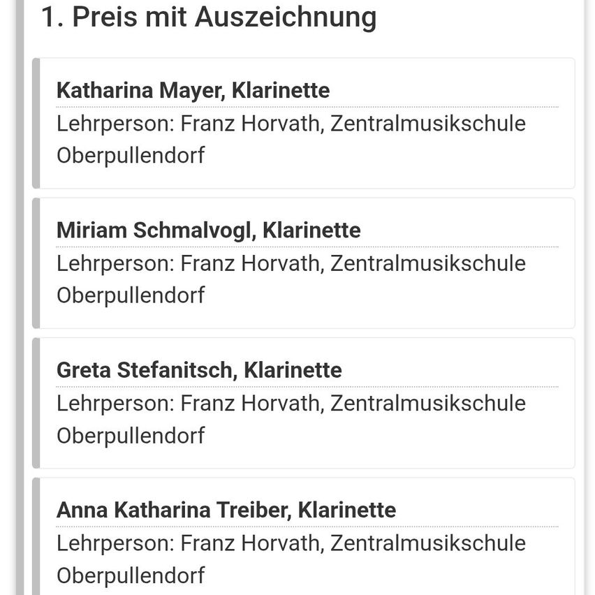 The image shows a list of four students. Each student is identified by their name and instrument. All students study with Franz Horvath at the Zentralmusikschule in Oberpullendorf.