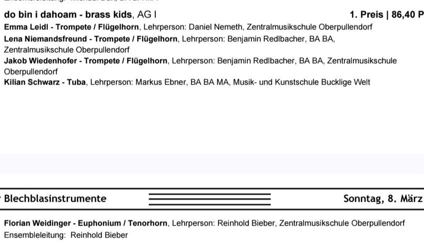 Document shows brass kids' musical performance schedule, featuring trumpet and tuba players, their instructors, and the event date.