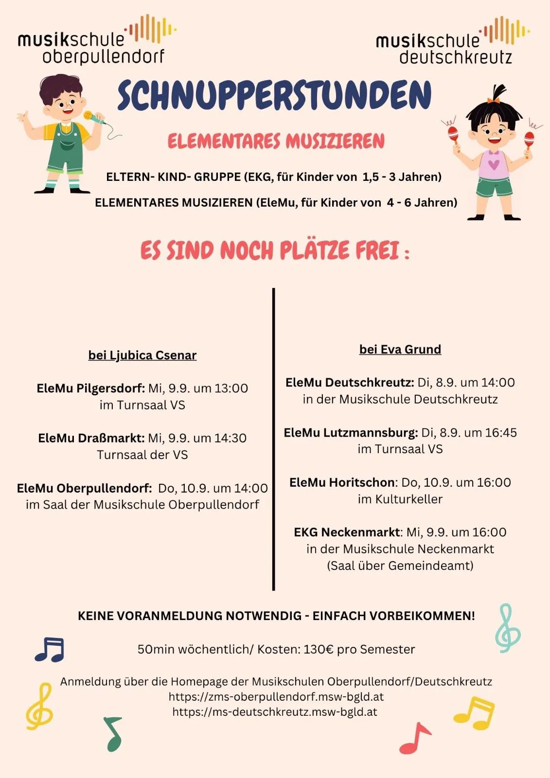 Plakat für elementare Musikkurse für Kinder im Alter von 1,5 bis 3 Jahren und 4 bis 6 Jahren. Die Kurse finden an verschiedenen Orten und Zeiten statt. Keine Anmeldung erforderlich, einfach vorbeikommen. Wöchentliche 50-minütige Sitzungen, 130€ pro Semester.
