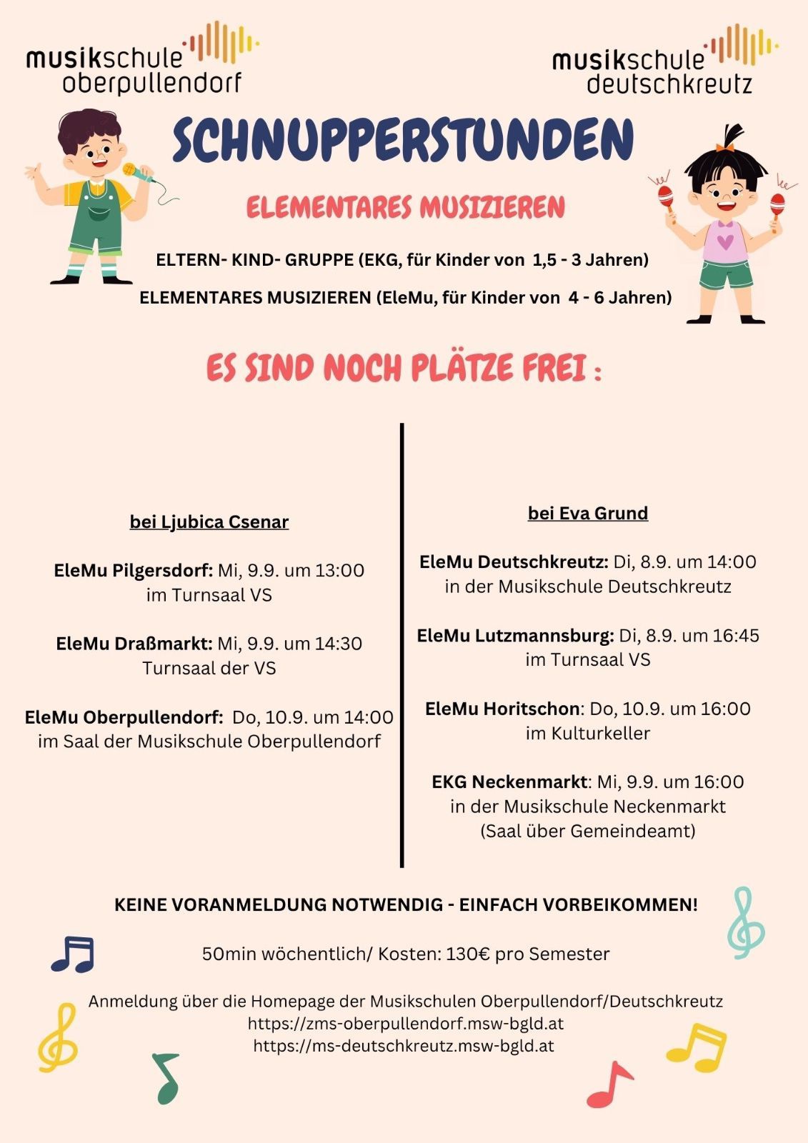 Poster advertising elementary music classes for children aged 1.5-3 and 4-6 years. Classes are held in various locations and times. No registration required, just come along. Weekly 50-minute sessions, 130€ per semester.