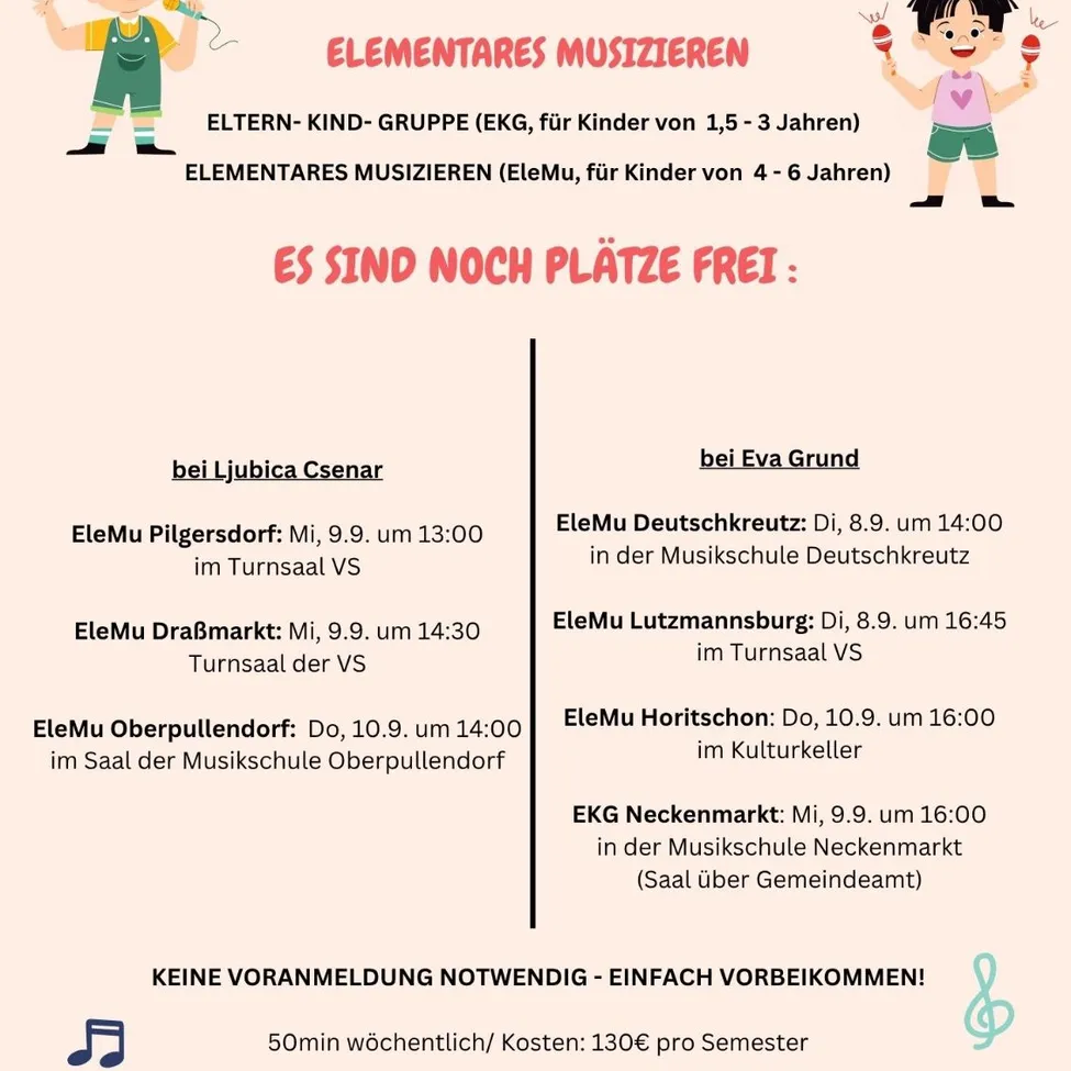 Plakat für elementare Musikkurse für Kinder im Alter von 1,5 bis 3 Jahren und 4 bis 6 Jahren. Die Kurse finden an verschiedenen Orten und Zeiten statt. Keine Anmeldung erforderlich, einfach vorbeikommen. Wöchentliche 50-minütige Sitzungen, 130€ pro Semester.