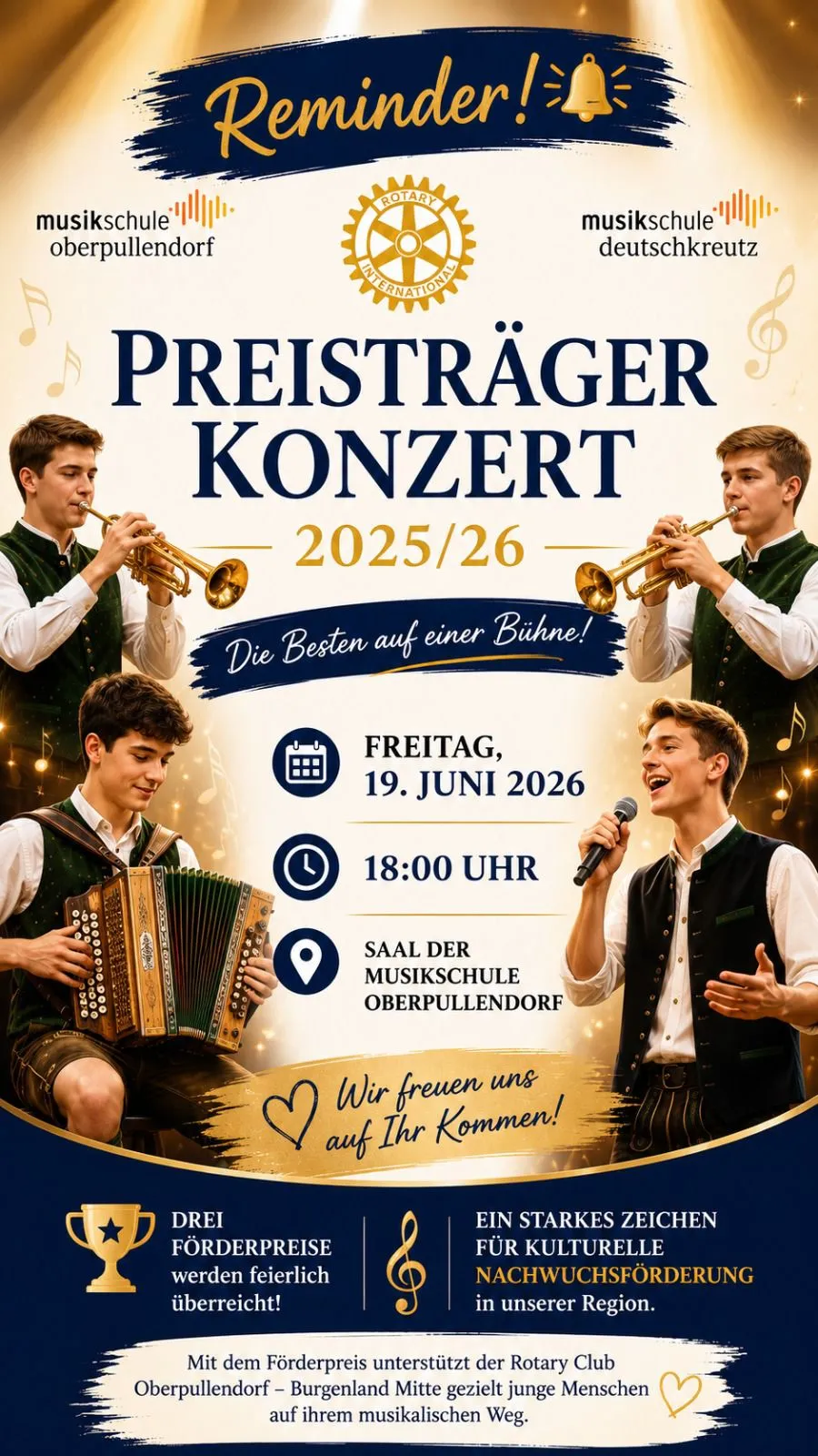 Plakat für Preisträger Konzert, zeigt Musiker beim Trompetenspiel, Singen und Akkordeonspielen. Datum: 19. Juni 2026, um 18:00, in der Musikschule Oberpullendorf.