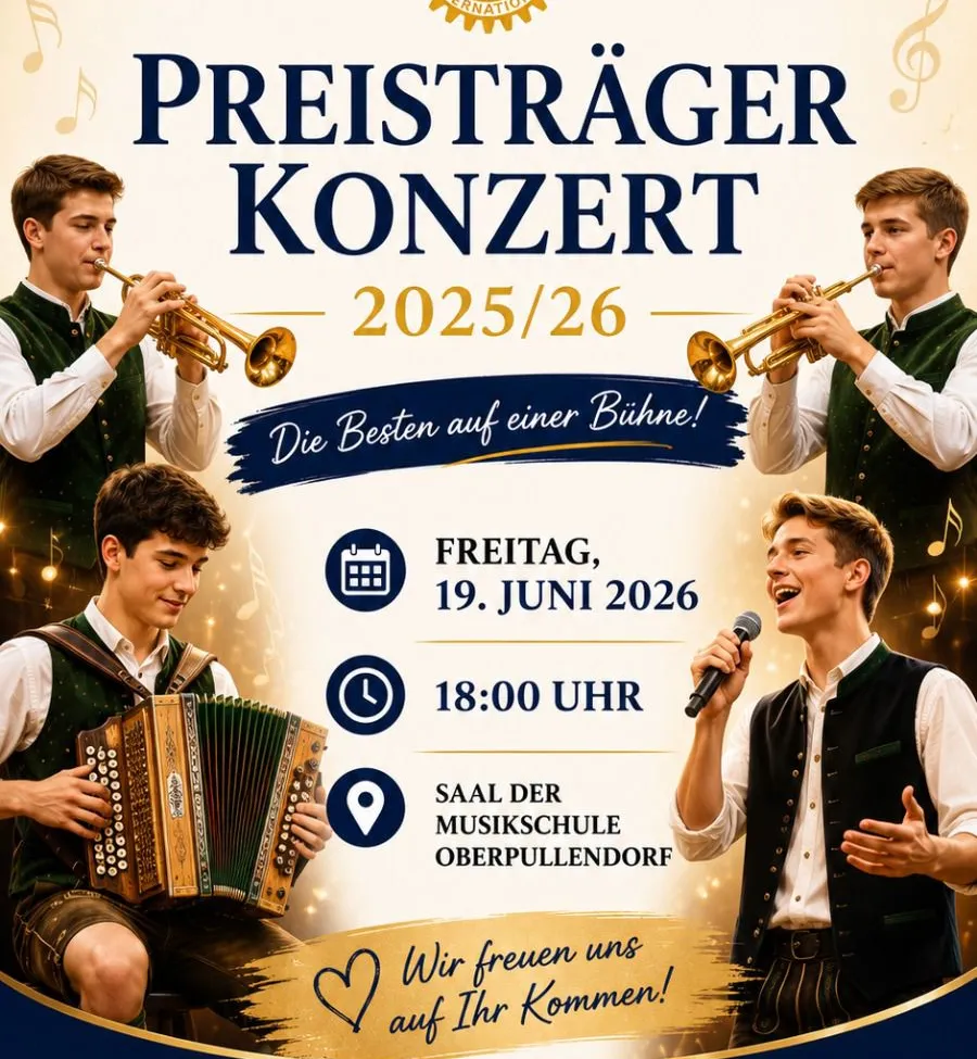 Plakat für Preisträger Konzert, zeigt Musiker beim Trompetenspiel, Singen und Akkordeonspielen. Datum: 19. Juni 2026, um 18:00, in der Musikschule Oberpullendorf.