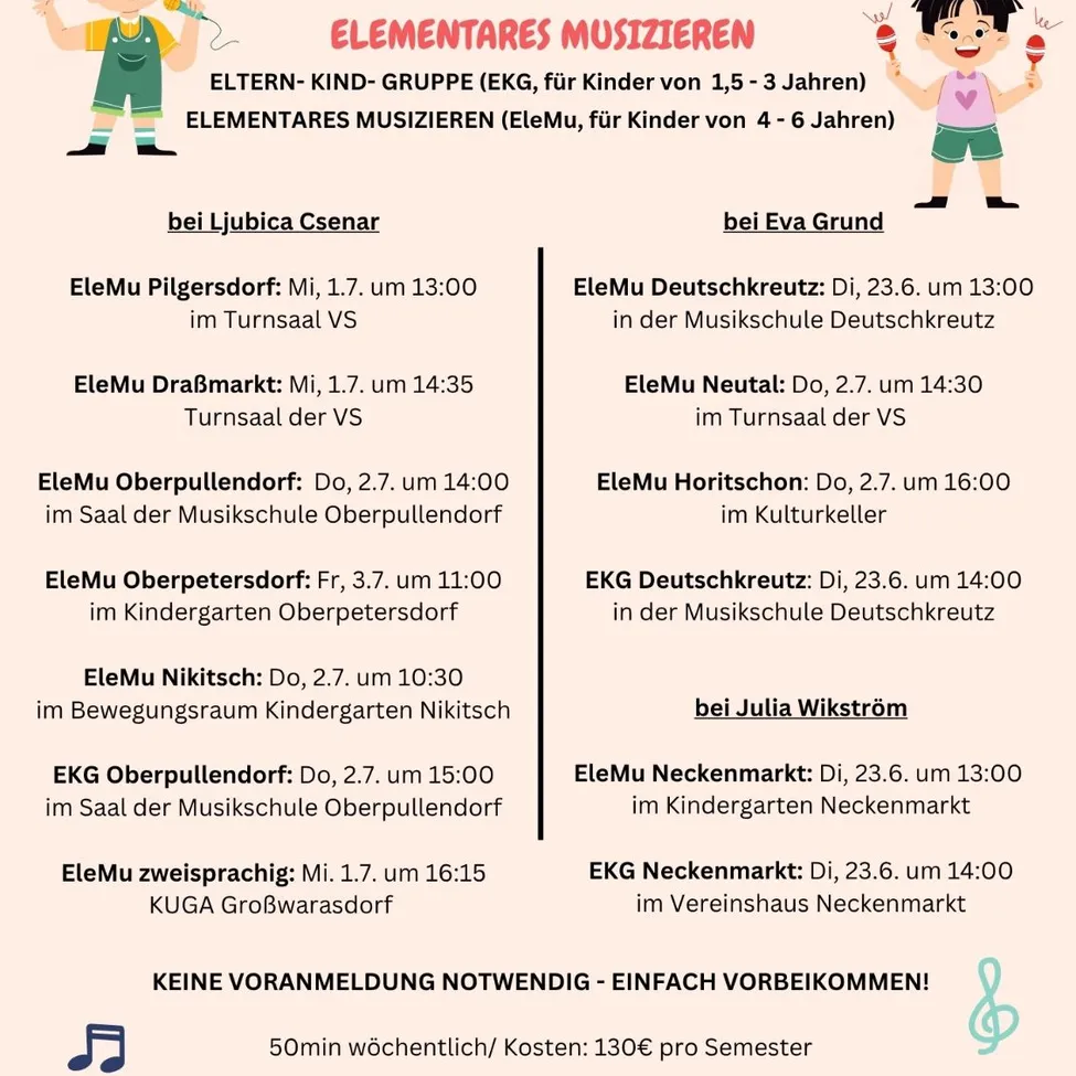 Elementare Musikgruppen für Kinder im Alter von 1,5 bis 3 Jahren und 4 bis 6 Jahren. Verschiedene Termine und Orte, keine vorherige Anmeldung erforderlich. 50 min wöchentlich, Kosten 130€ pro Semester.