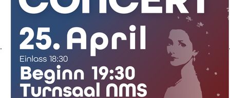 Konzert von Sisi am 25. April, Beginn 19:30 im Turnsaal, Markt Piesting. Einlass um 18:30. Freier Eintritt. QR-Code für Social-Media-Links.