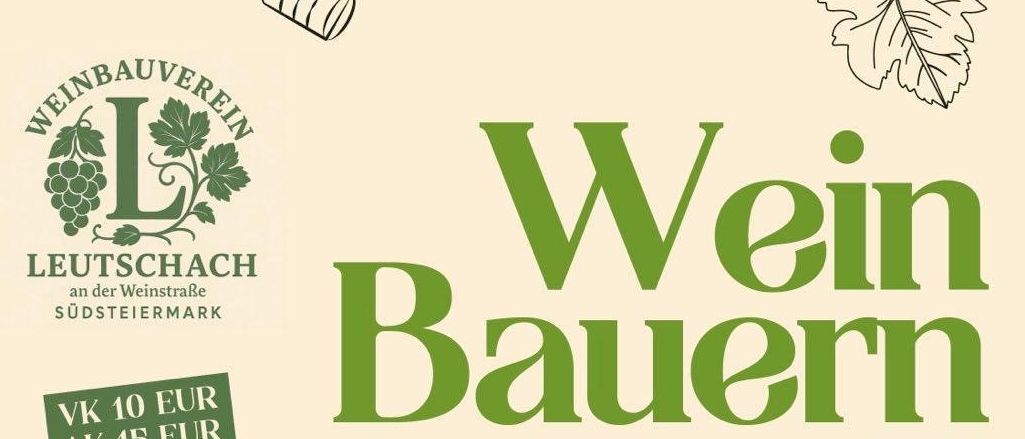 Plakat für die Wein Bauern Ball Veranstaltung am 22. November 2025, mit drei Männern, Livemusik, Wein und einem Programm von Pia & die Lausbauam.